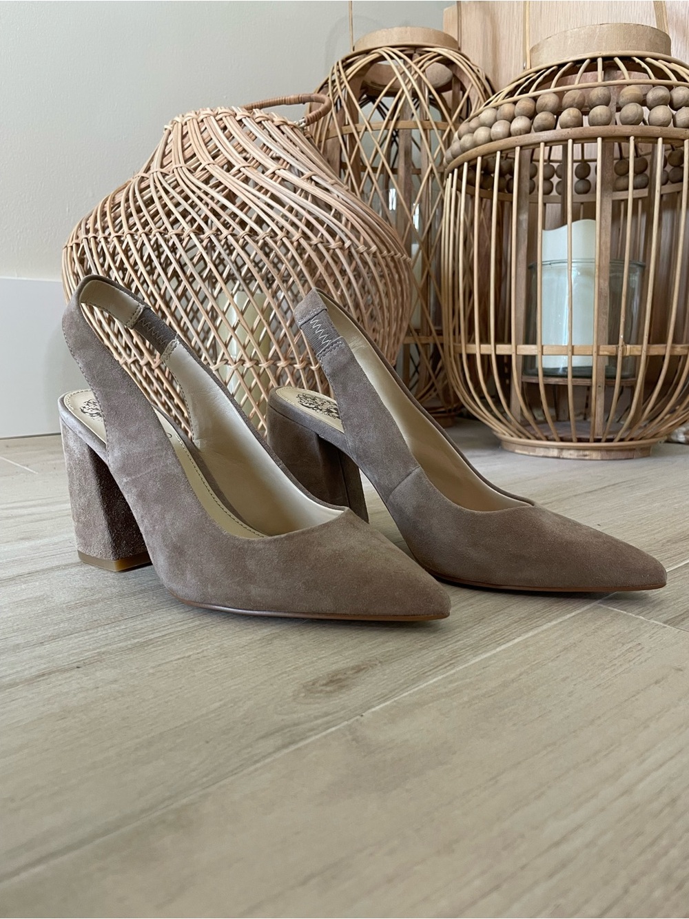 Vince Camuto Taupe Suede Slingback Block Heel Pumps - Women